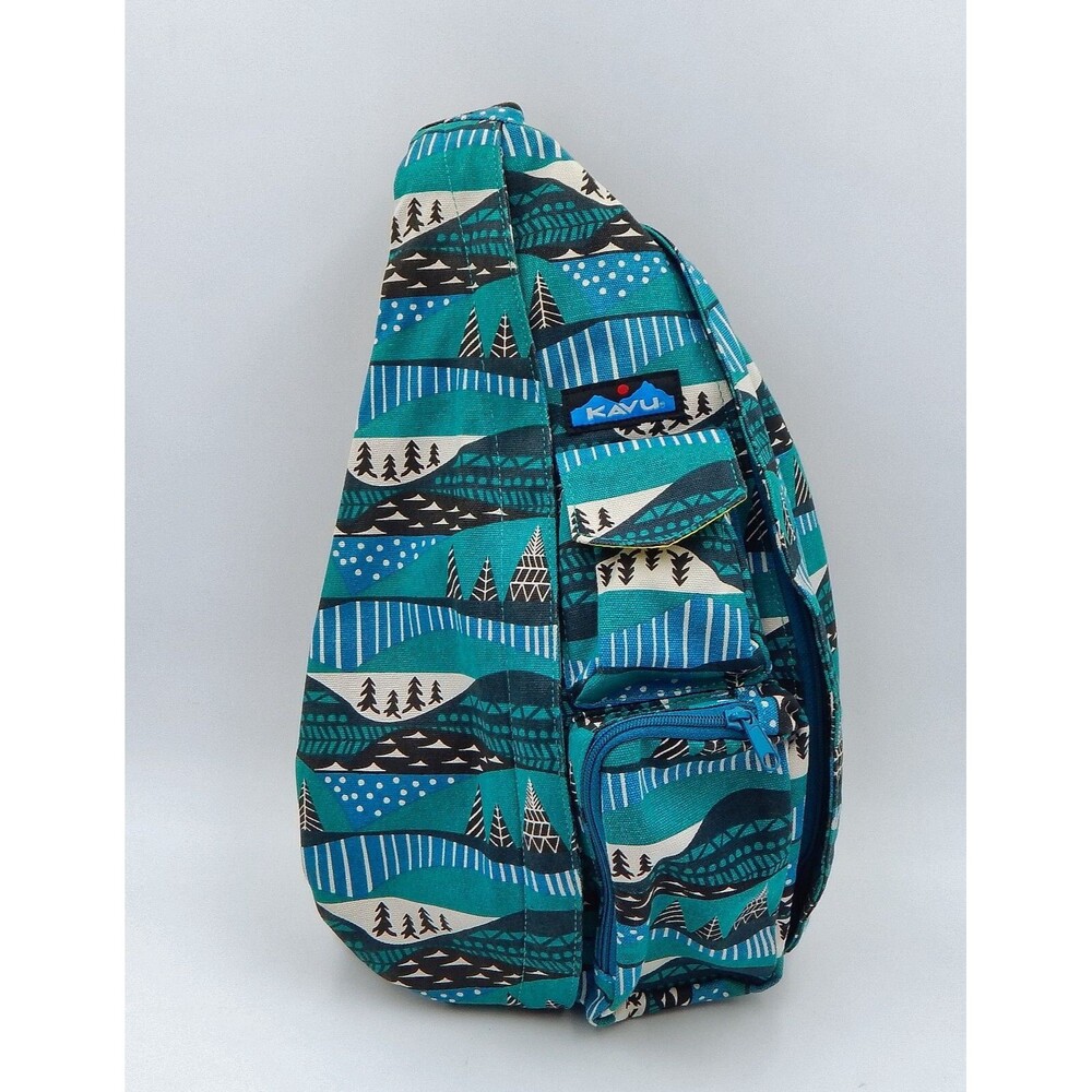 KAVU Crossbody Shoulder Rope Sling Bag Crossbody Blue Green Trees Hiking Woods